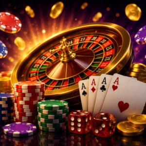 A visually appealing arrangement of casino elements, including poker chips, playing cards, dice, and a roulette wheel, s
