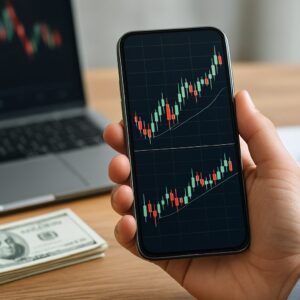 A close-up of a hand holding a smartphone displaying stock charts, with a laptop and stack of cash in the background.