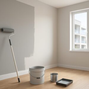 A paint roller and buckets set up in a bright, empty room with a partially painted wall